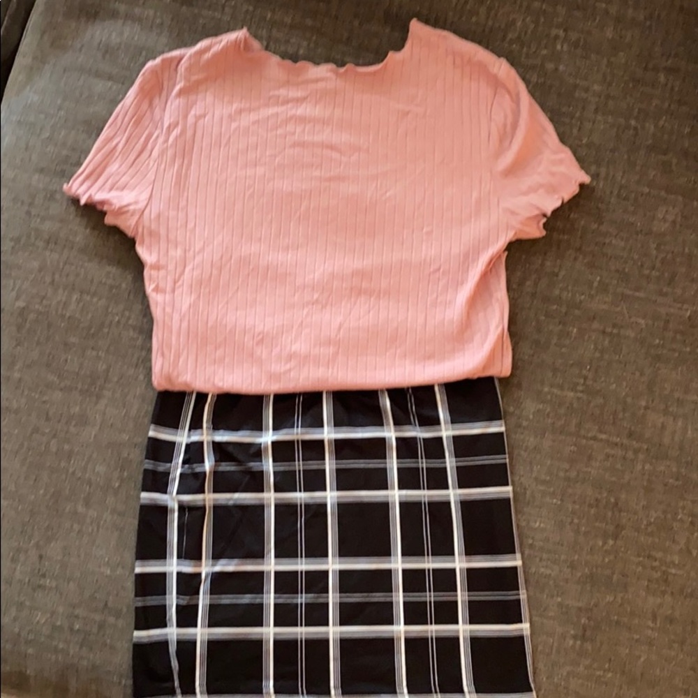 Pink shirt black plaid shirt outfit